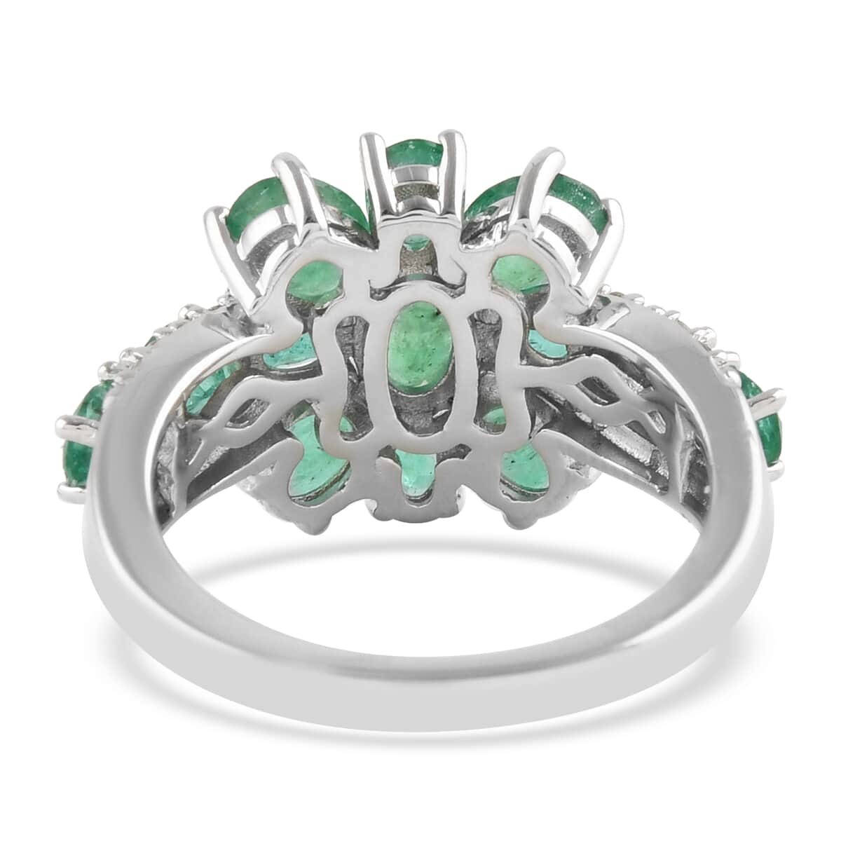 AAA Kagem Zambian Intense Green Emerald and Natural White Zircon Ring in Rhodium Over Sterling Silver 3.15 ctw image number 3