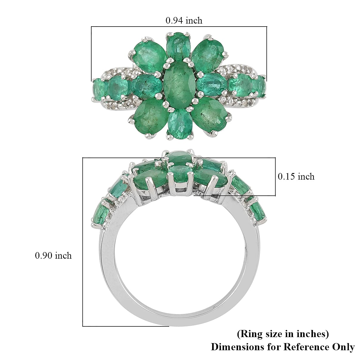AAA Kagem Emerald and Natural White Zircon Ring in Rhodium Over Sterling Silver (Size 6.0) 3.15 ctw