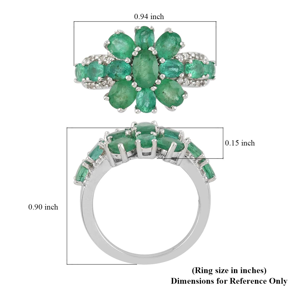 AAA Kagem Zambian Intense Green Emerald and Natural White Zircon Ring in Rhodium Over Sterling Silver 3.15 ctw image number 4