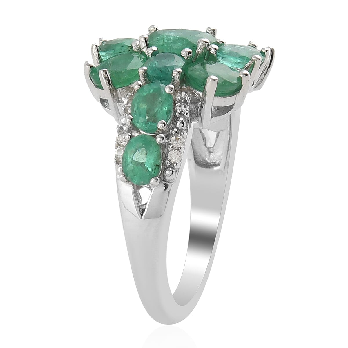 AAA Kagem Emerald and White Zircon Ring in Rhodium Over Sterling Silver (Size 7.0) 3.15 ctw image number 2