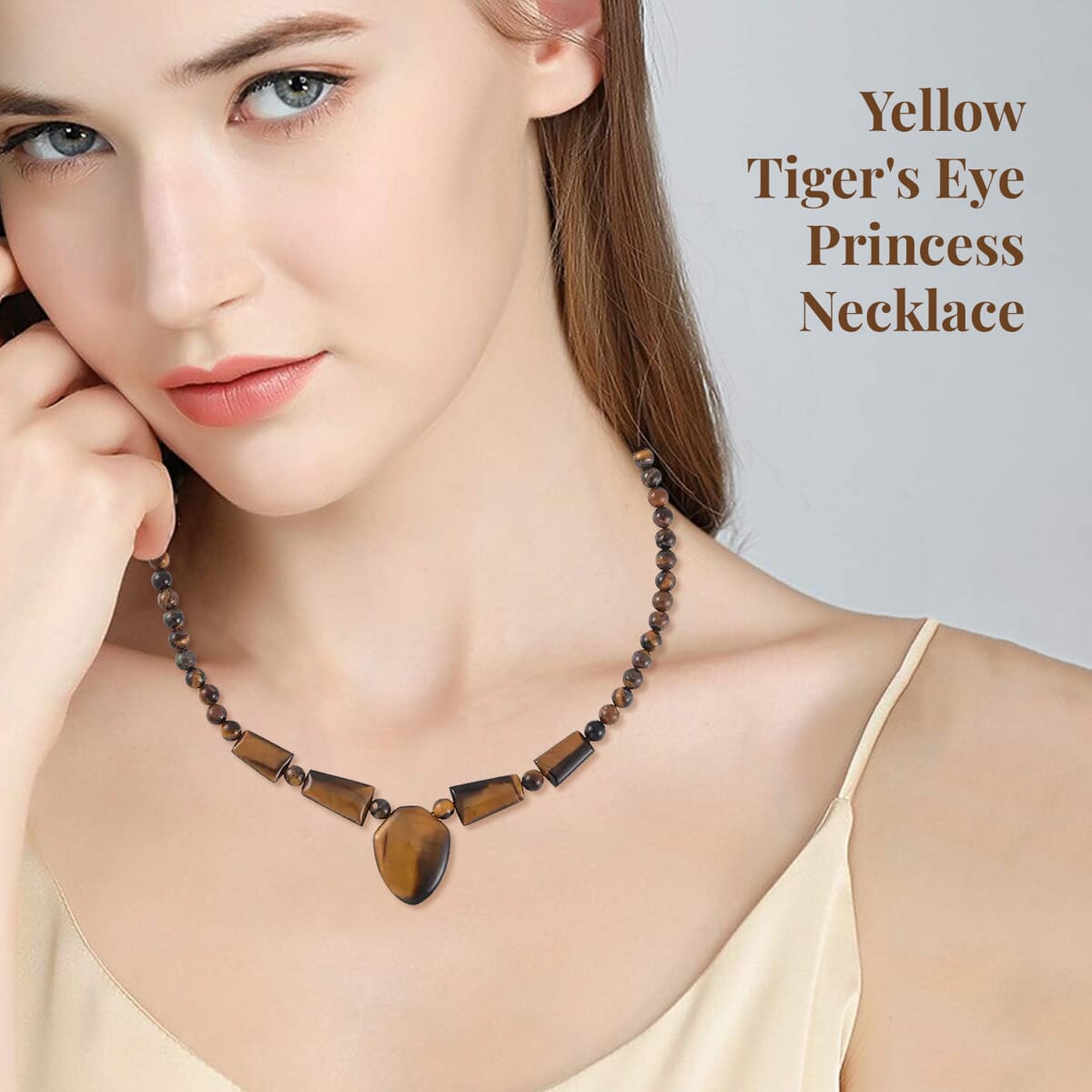 Yellow Tiger's Eye Princess Necklace 18-20 Inches in Stainless Steel 205.70 ctw image number 2