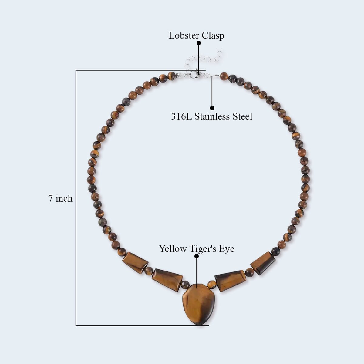 Yellow Tiger's Eye Princess Necklace 18-20 Inches in Stainless Steel 205.70 ctw image number 4