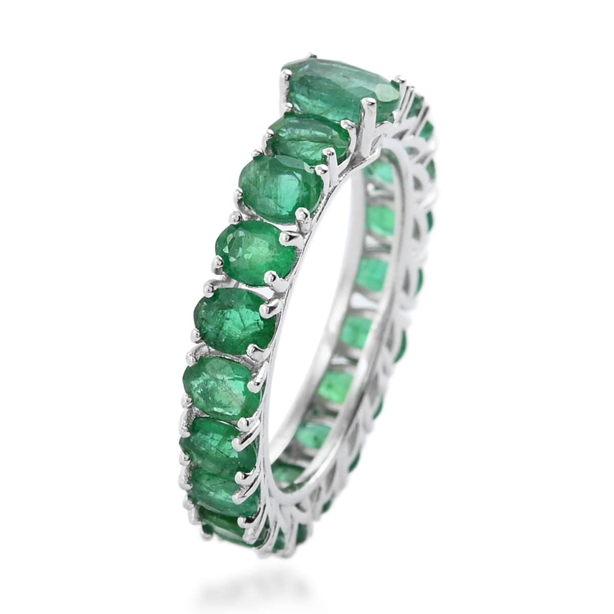 AAA Kagem Zambian Intense Green Emerald Eternity Ring in Rhodium Over Sterling Silver (Size 7.0) 3.75 ctw image number 2