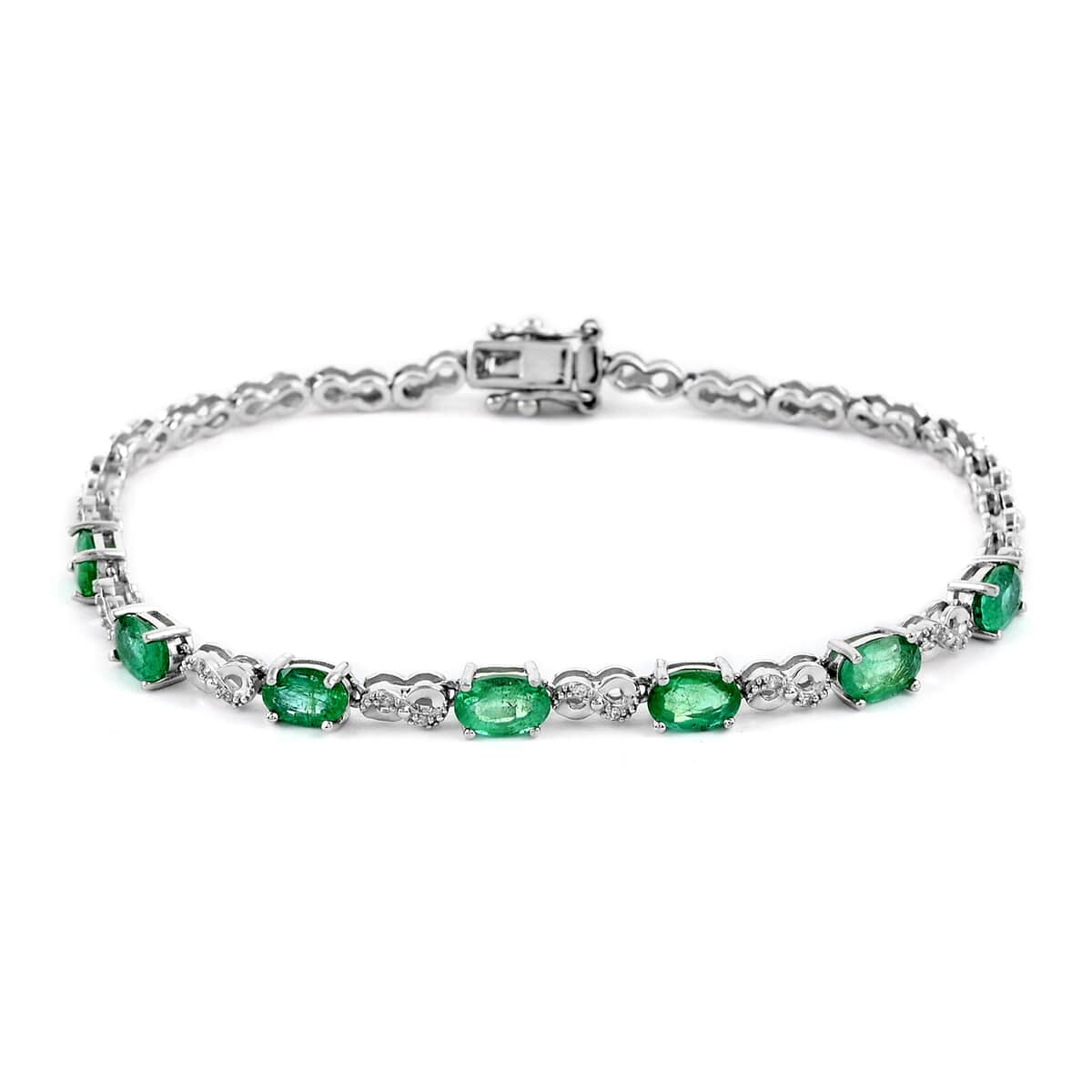 AAA Kagem Zambian Intense Green Emerald and Natural White Zircon Bracelet in Rhodium Over Sterling Silver (7.25 In) 3.20 ctw image number 0