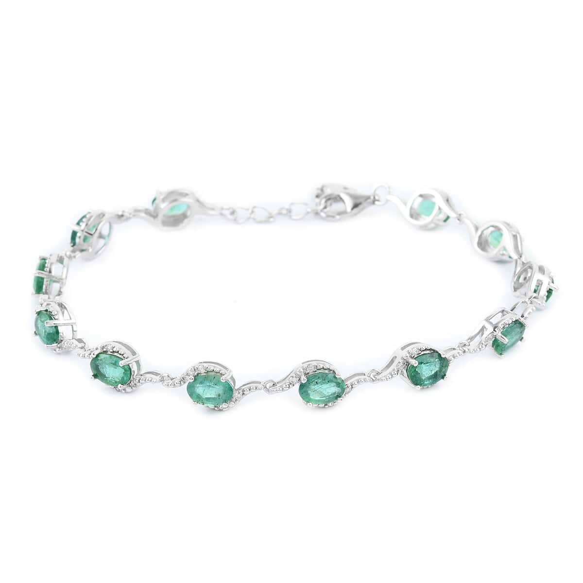 AAA Kagem Zambian Intense Green Emerald and Natural White Zircon Bracelet in Rhodium Over Sterling Silver (7.25 In) 6.00 ctw image number 0