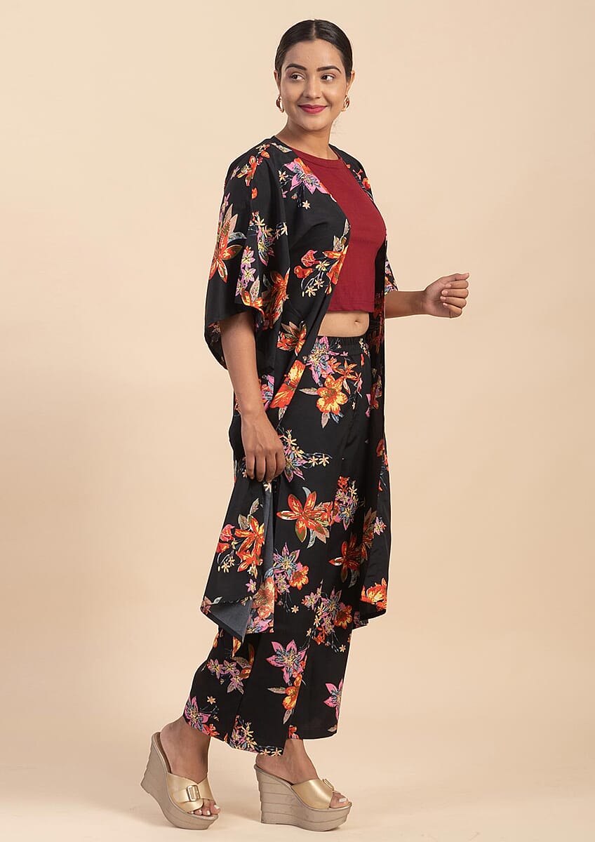 JOVIE Black Art Deco Kimono and Wide Leg Elastic Waist Cropped Pant- L (Pant :36"Lx22"W, Kimono:42"Lx40"W) image number 2