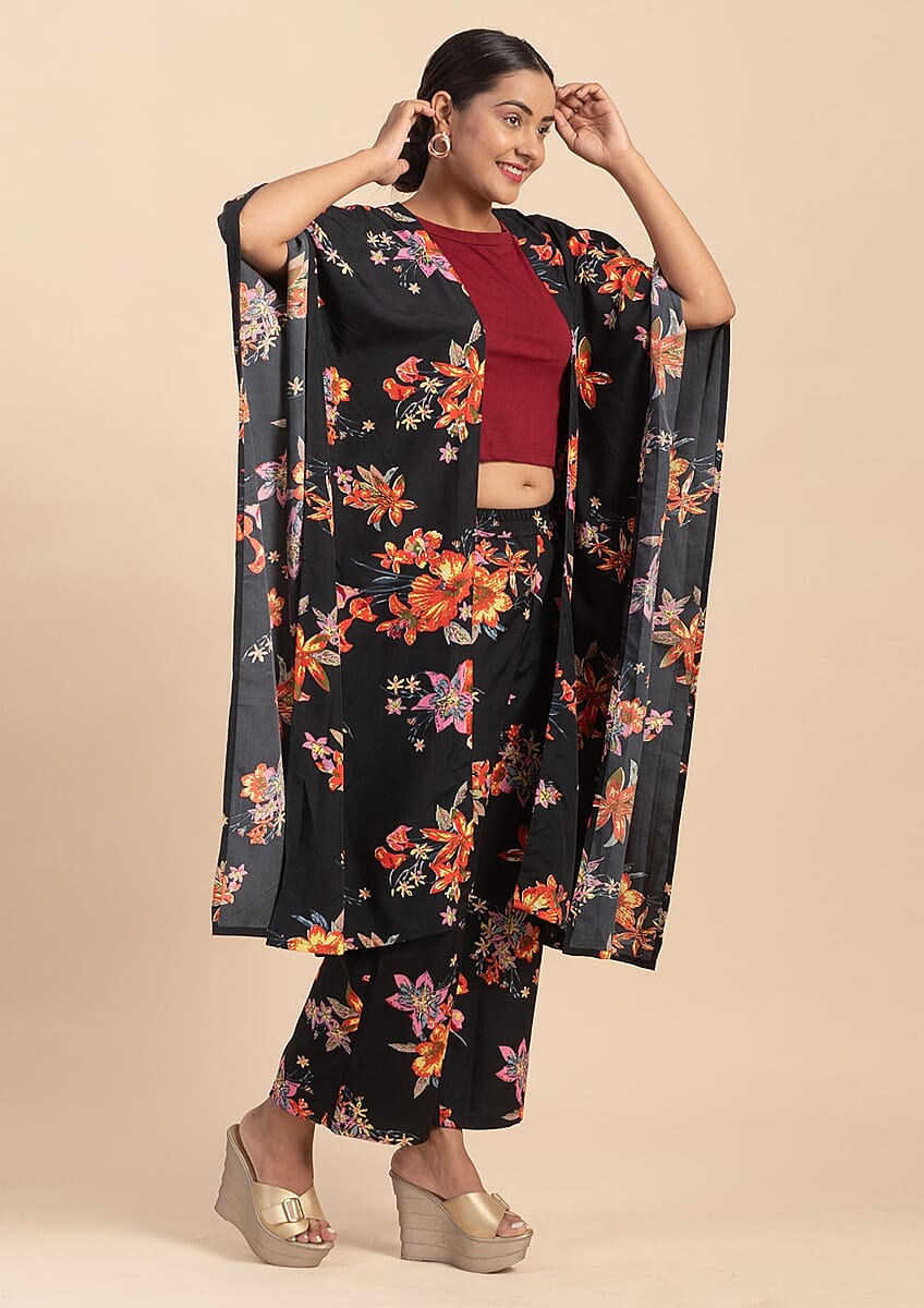 JOVIE Black Art Deco Kimono and Wide Leg Elastic Waist Cropped Pant- L (Pant :36"Lx22"W, Kimono:42"Lx40"W) image number 3