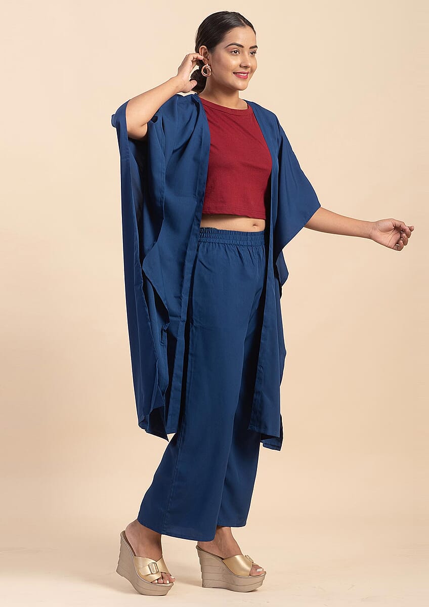 JOVIE Navy Solid Kimono and Wide Leg Elastic Waist Cropped Pant Set - L image number 2