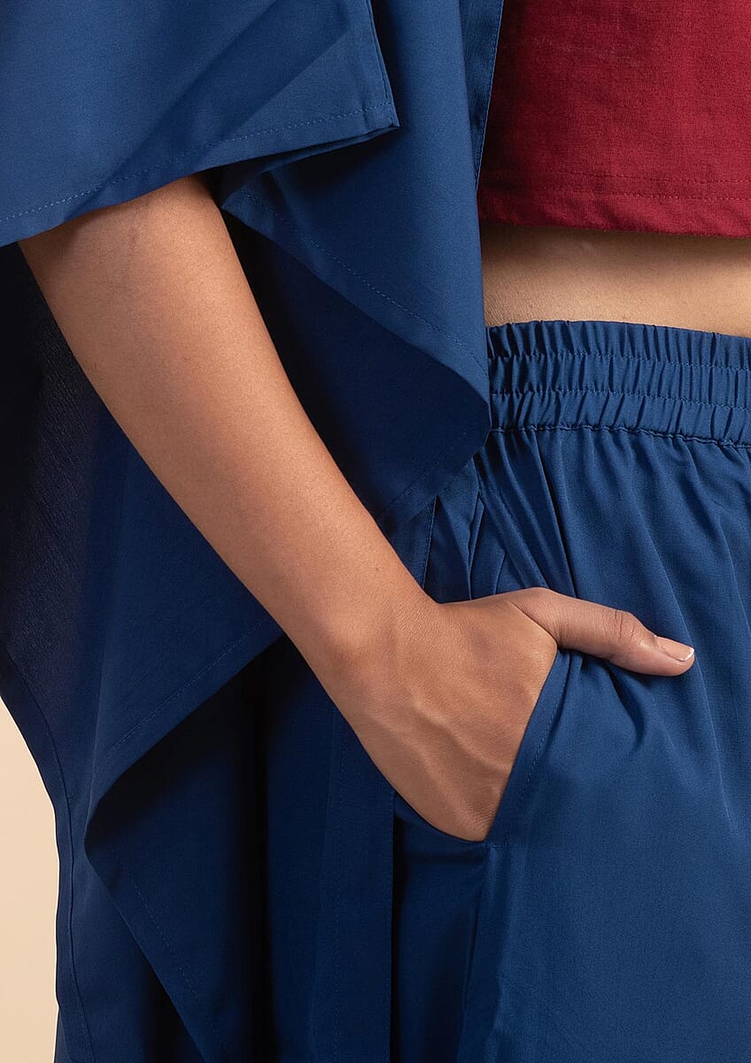 JOVIE Navy Solid Kimono and Wide Leg Elastic Waist Cropped Pant Set - L image number 5