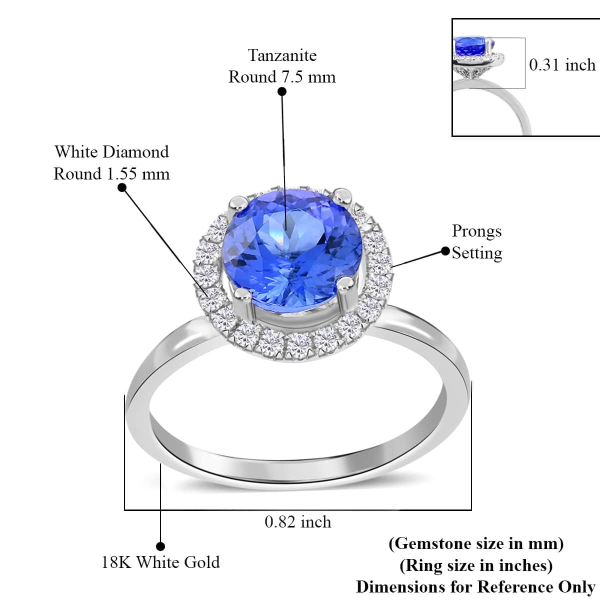 Iliana 18K White Gold AAA Tanzanite and G-H SI Diamond Halo Ring (Size 6.0) 1.80 ctw image number 3