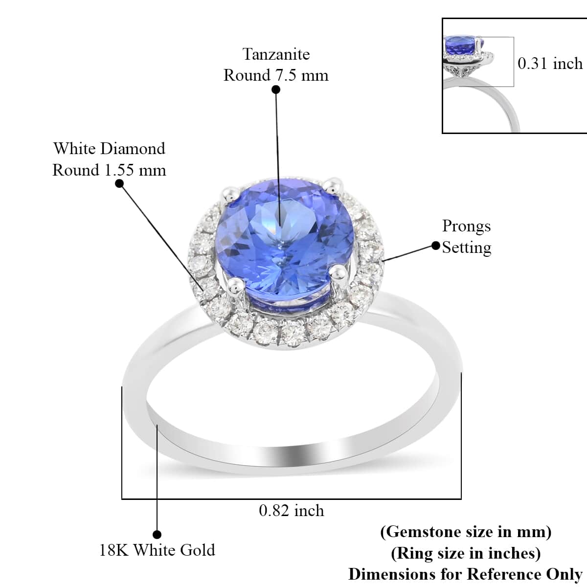 Iliana 18K White Gold AAA Tanzanite and G-H SI Diamond Halo Ring (Size 6.0) 1.80 ctw image number 4