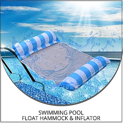 Set of Blue Swimming Pool Float Hammock and Inflator
