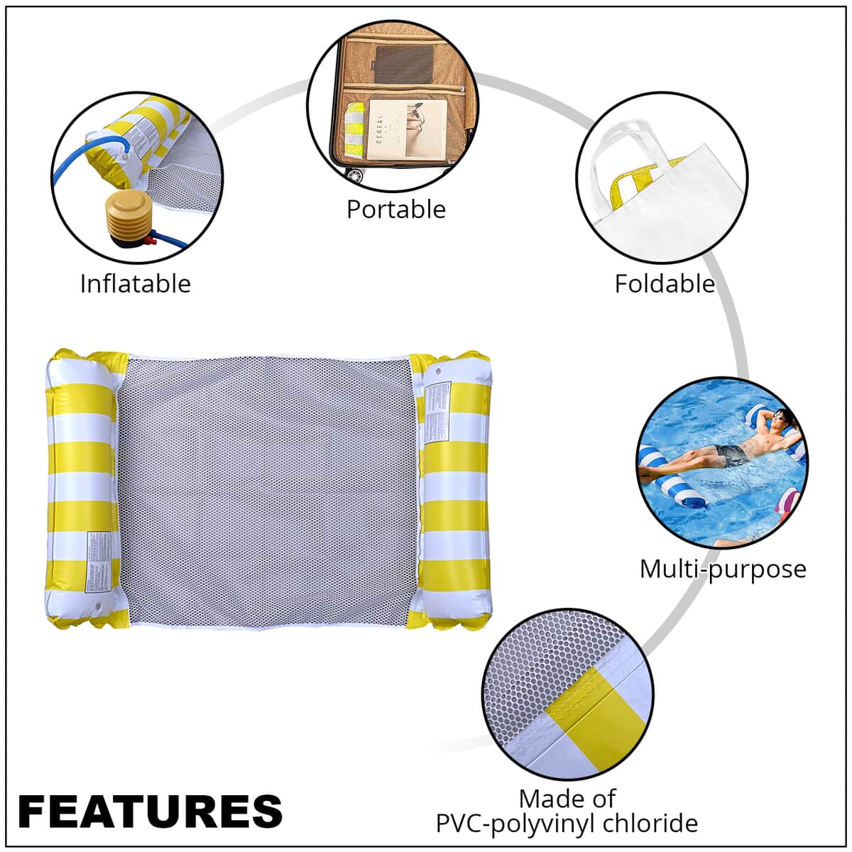 Set of Yellow Swimming Pool Float Hammock and Inflator image number 2