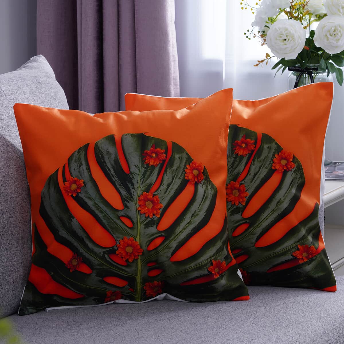 HOMESMART Set of 2 Orange & Green Geometric Front Digital Printed Cushion Cover , Polyester Sofa Couch Cushion Covers , Decorative Pillow Covers image number 0