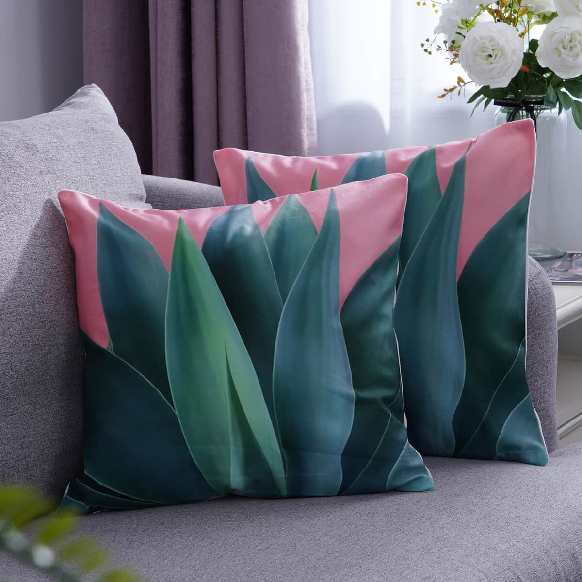 Homesmart Set of 2 Pink & Green Geometric Front Digital Printed Cushion Cover , Polyester Sofa Couch Cushion Covers , Decorative Pillow Covers image number 0