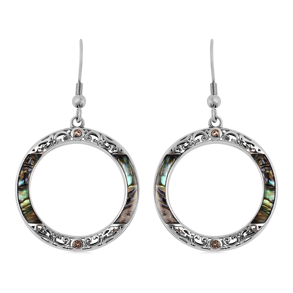 Abalone Shell, Multi Color Austrian Crystal Earrings in Stainless Steel