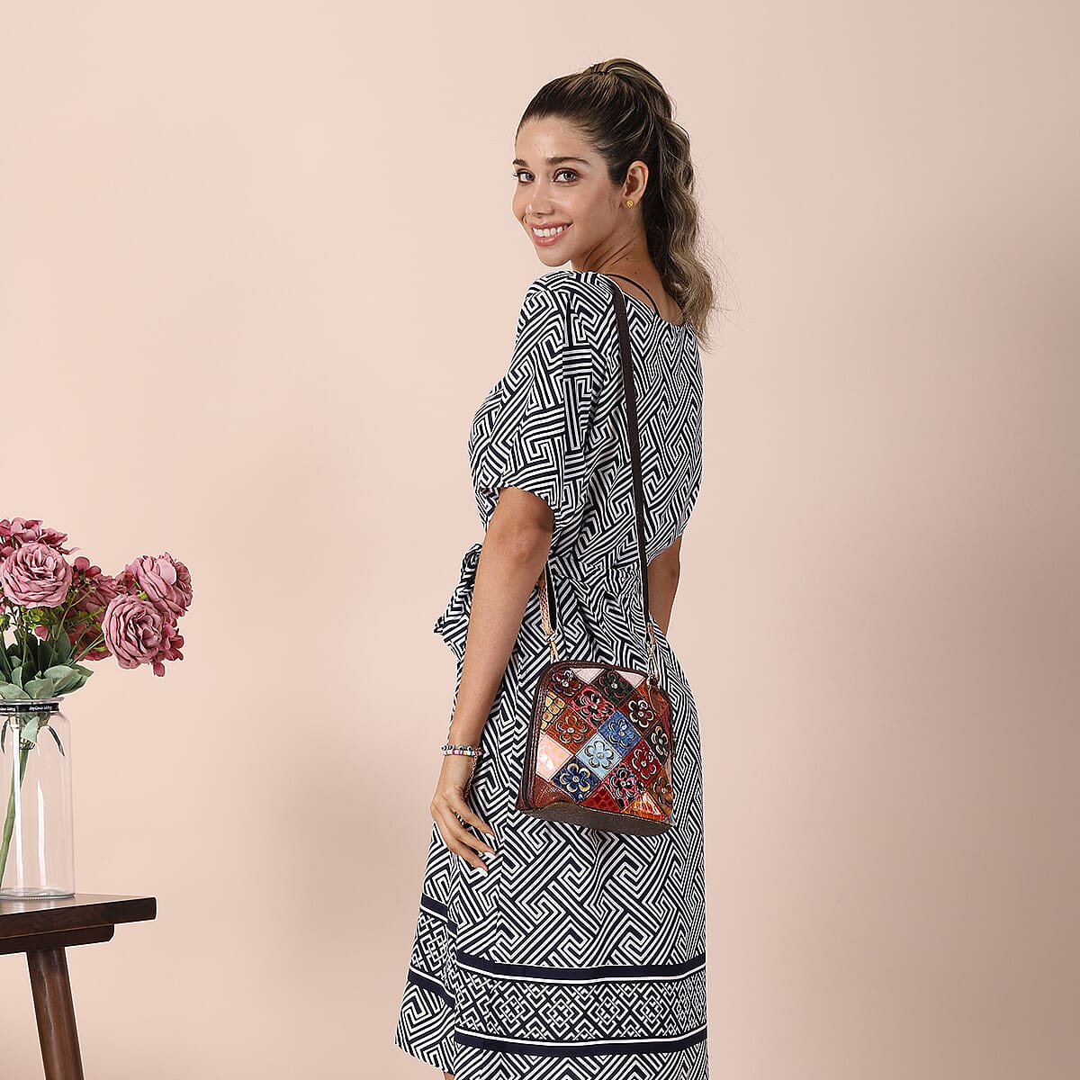 CHAOS By ELSIE Multi Color 3D Flower Theme Pattern Genuine Leather Crossbody Bag with Shoulder Strap image number 2