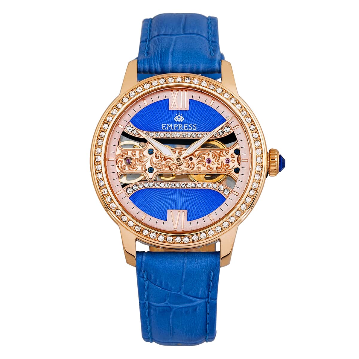 Empress White Crystal Rania Mechanical Movement Blue Genuine Leather Strap Watch in ION Plated RG Over Stainless Steel (38mm) image number 0