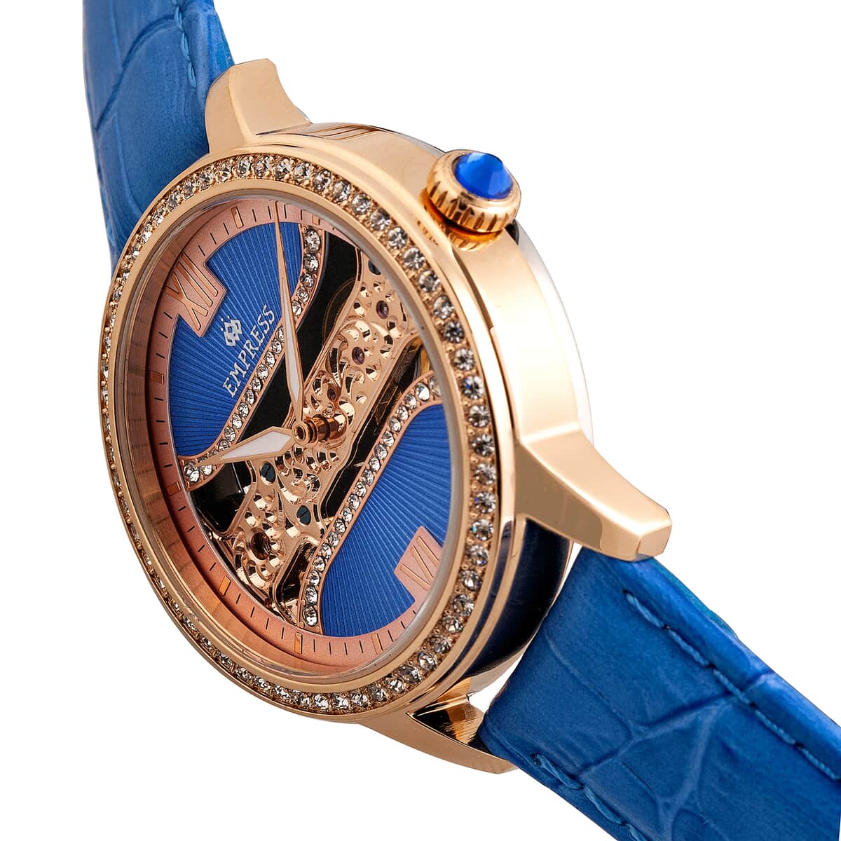Empress White Crystal Rania Mechanical Movement Blue Genuine Leather Strap Watch in ION Plated RG Over Stainless Steel (38mm) image number 1