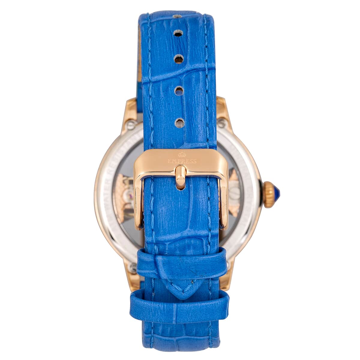 Empress White Crystal Rania Mechanical Movement Blue Genuine Leather Strap Watch in ION Plated RG Over Stainless Steel (38mm) image number 2
