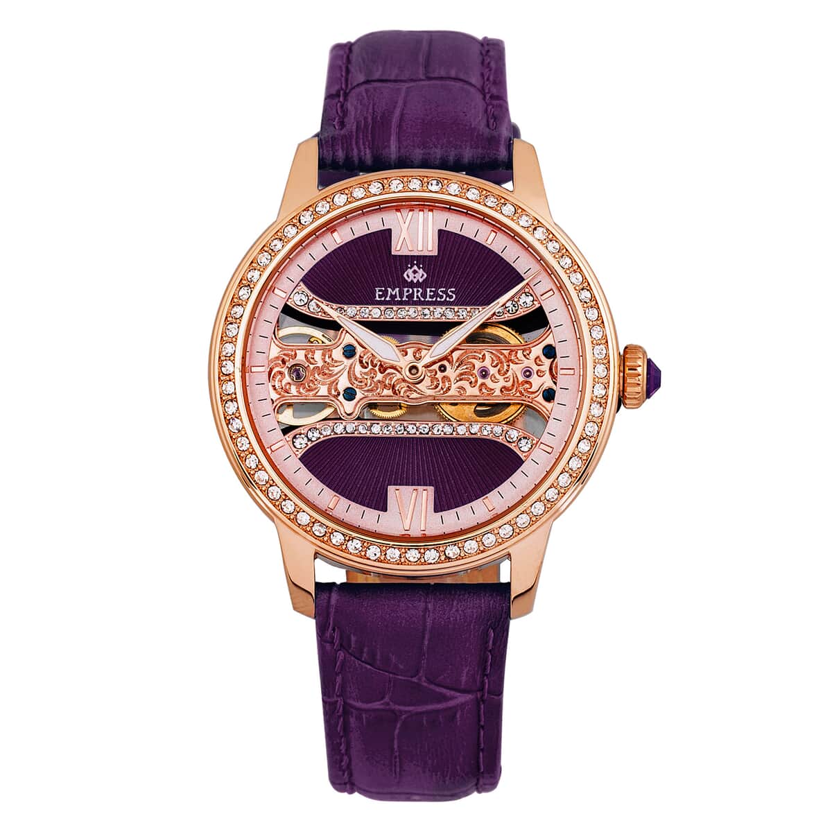 Empress White Crystal Rania Mechanical Movement Purple Genuine Leather Strap Watch in ION Plated RG Over Stainless Steel (38mm)  image number 0