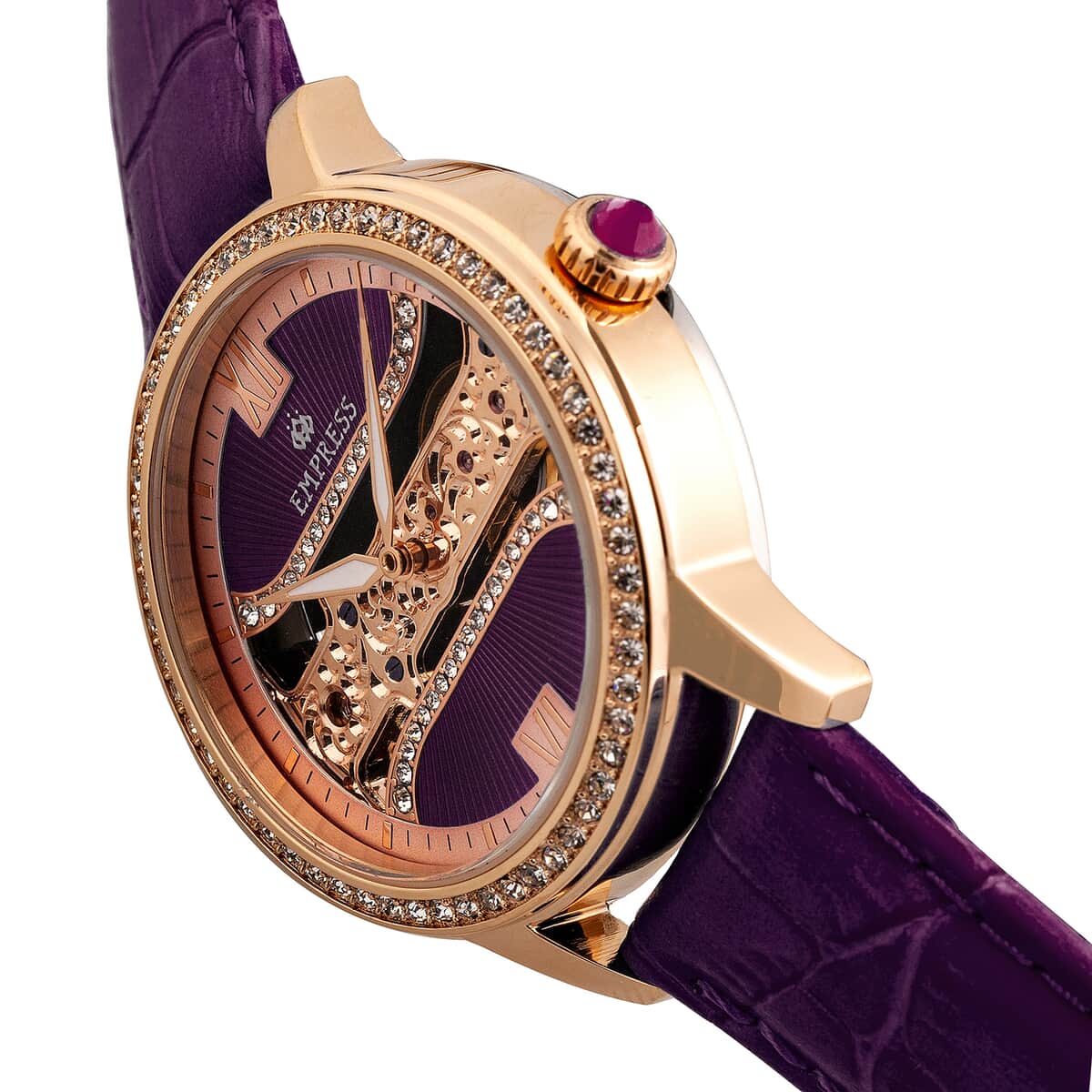 Empress White Crystal Rania Mechanical Movement Purple Genuine Leather Strap Watch in ION Plated RG Over Stainless Steel (38mm)  image number 1