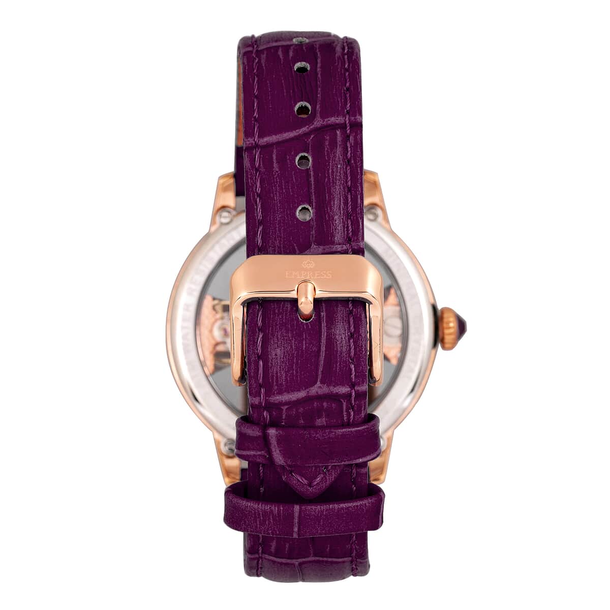 Empress White Crystal Rania Mechanical Movement Purple Genuine Leather Strap Watch in ION Plated RG Over Stainless Steel (38mm)  image number 2