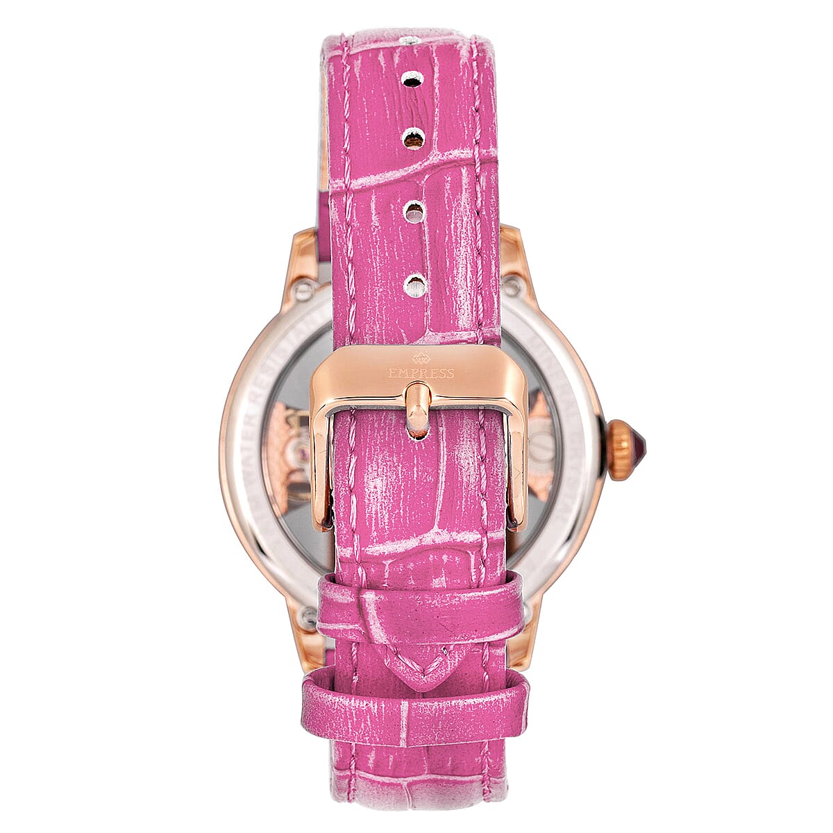 Empress White Crystal Rania Mechanical Movement Pink Genuine Leather Strap Watch in ION Plated RG Over Stainless Steel (38mm)  image number 2