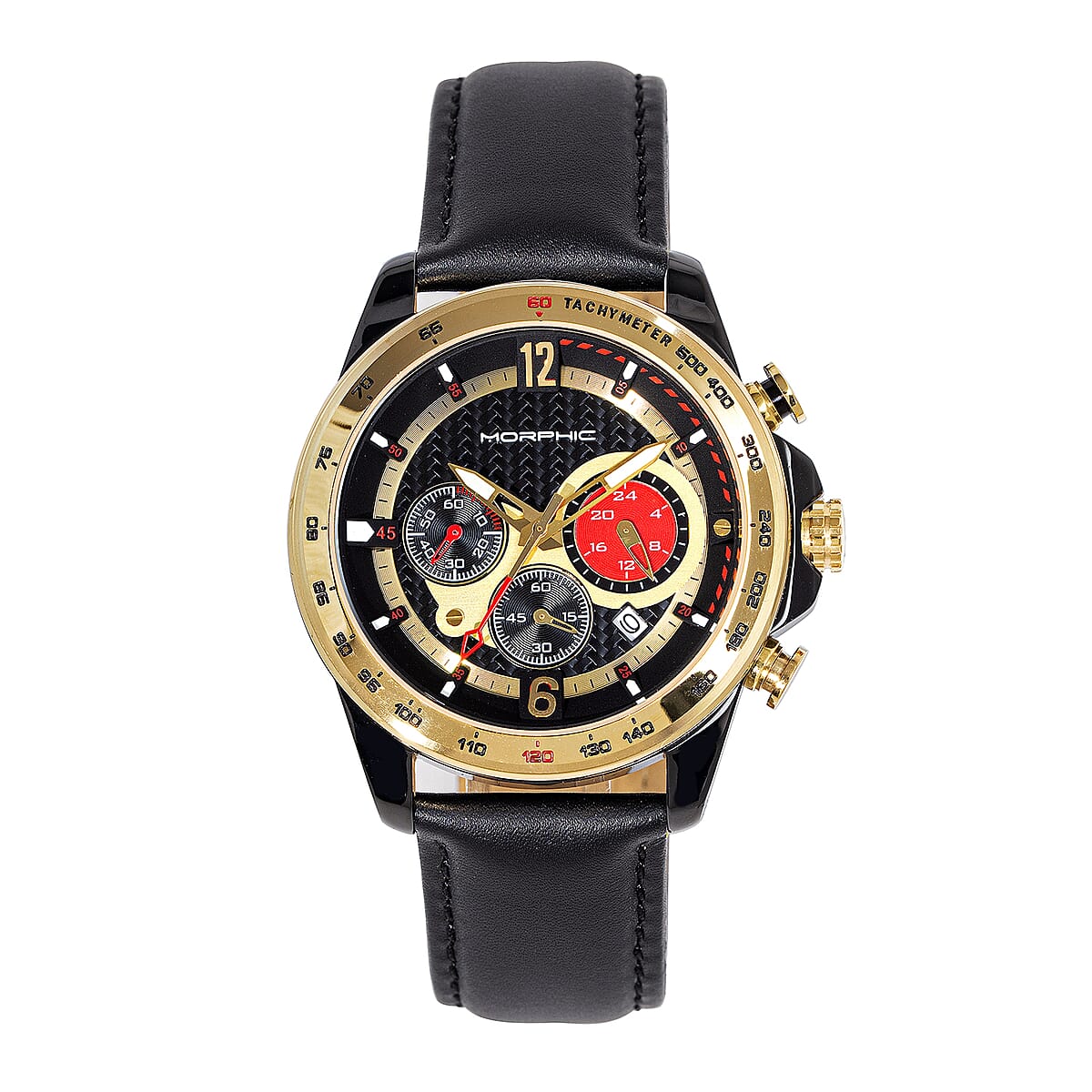 Morphic M88 Series Japanese Quartz Movement Black Genuine Leather Strap  Watch in ION Plated YG Over Stainless Steel (45mm)