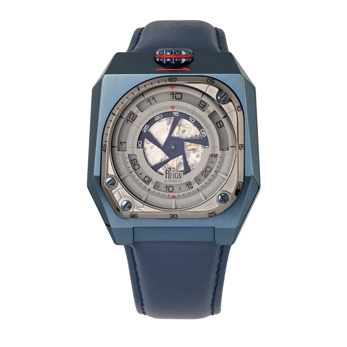 Reign Asher Automatic Movement Blue Genuine Leather Strap Watch in ION Plated Gunmetal Over Stainless Steel (42mm) image number 0