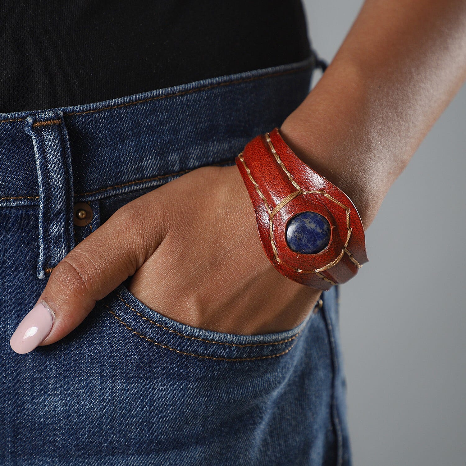 100% Genuine Leather Cuff Bracelet with Lapis Lazuli (7.20 in)