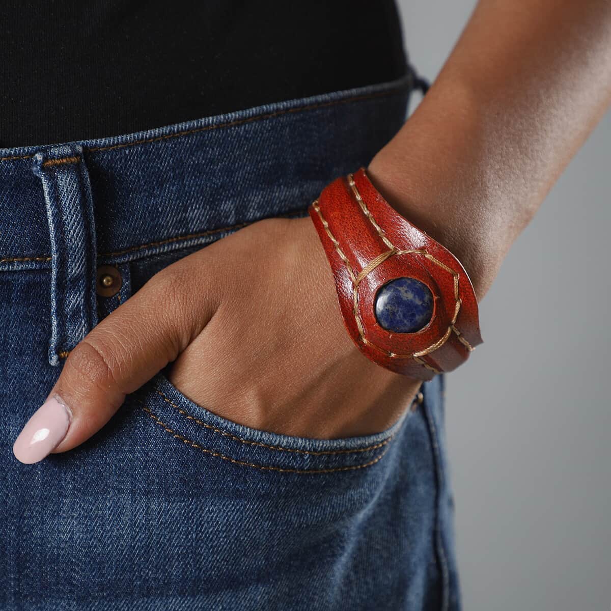 100% Genuine Leather Cuff Bracelet with Lapis Lazuli (7.20 in) image number 2
