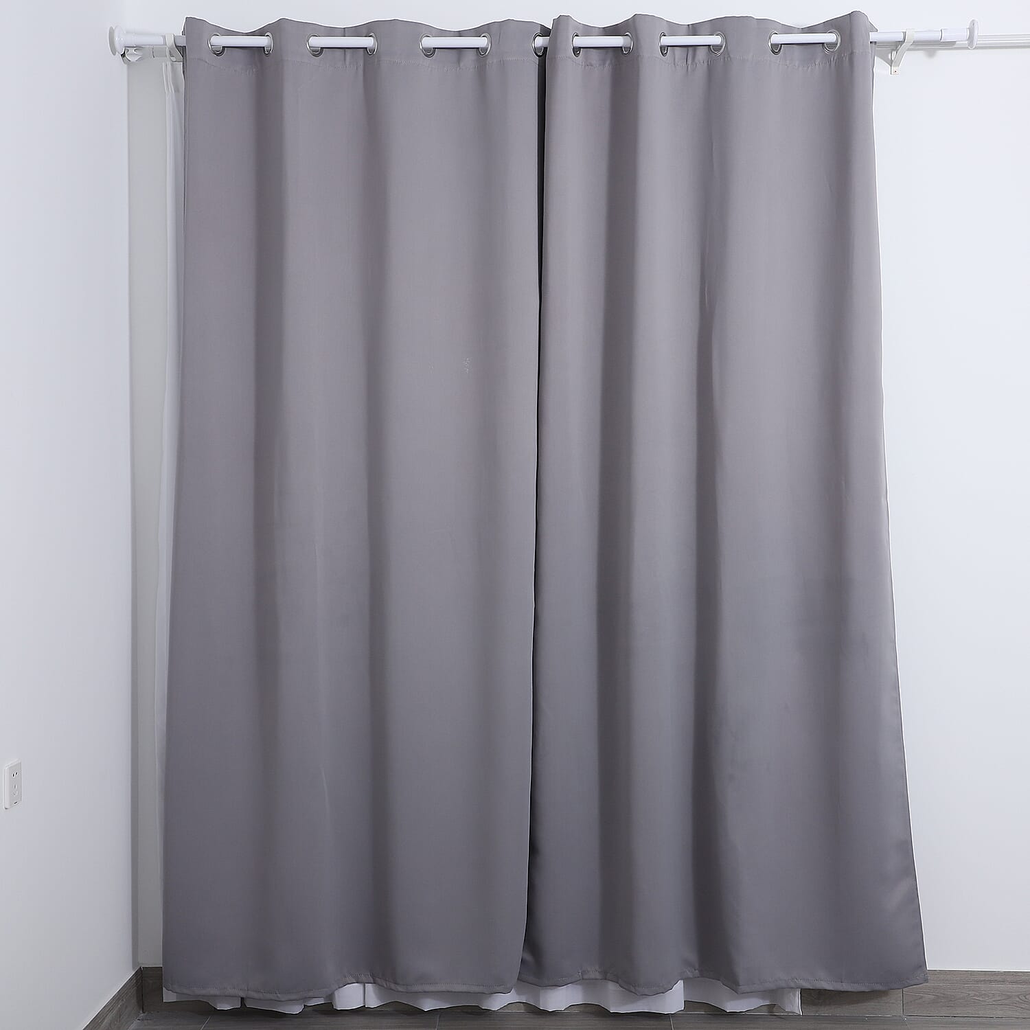 Set of 2 Gray Solid Blackout Curtain with 8 Metal Rings