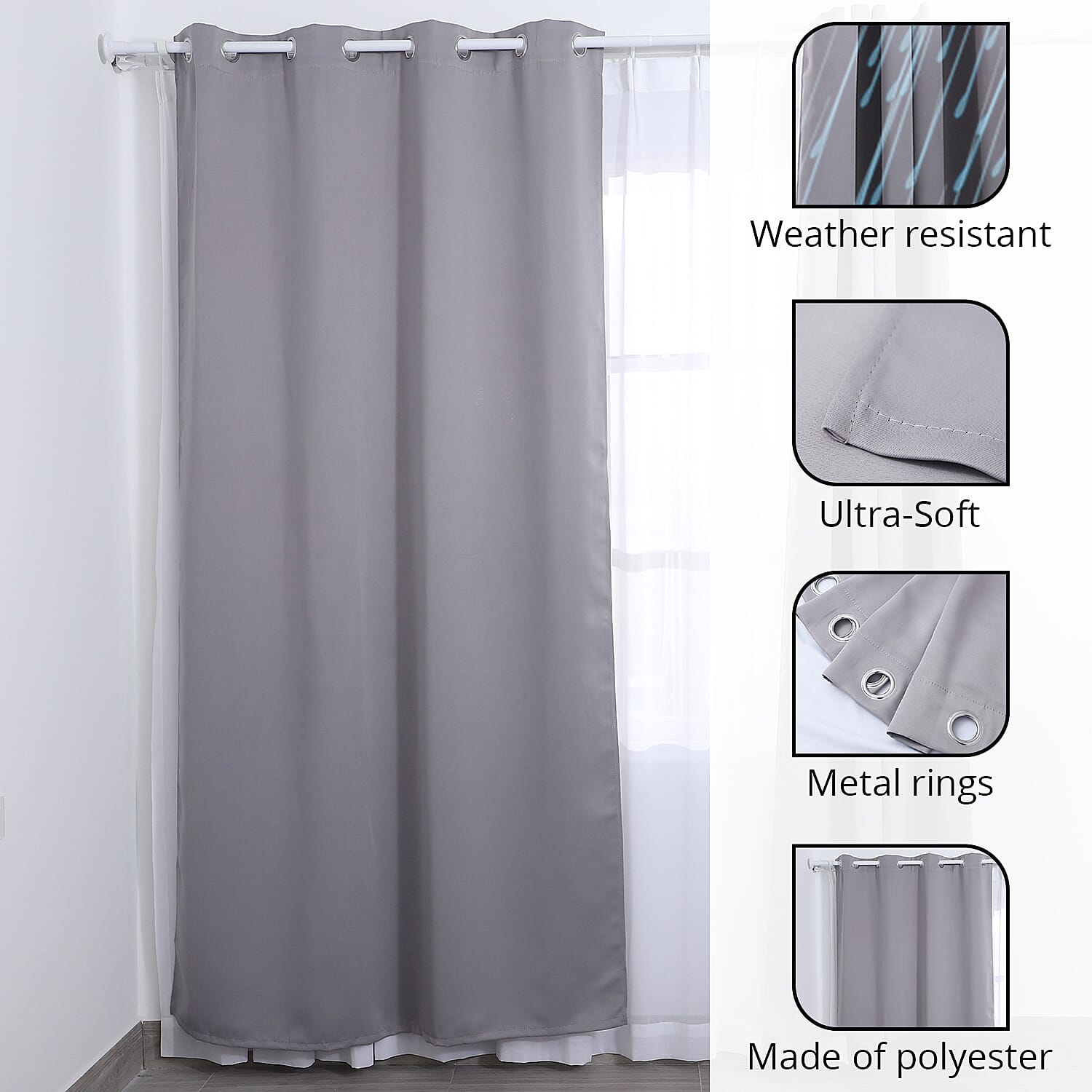 Set of 2 Gray Solid Blackout Curtain with 8 Metal Rings