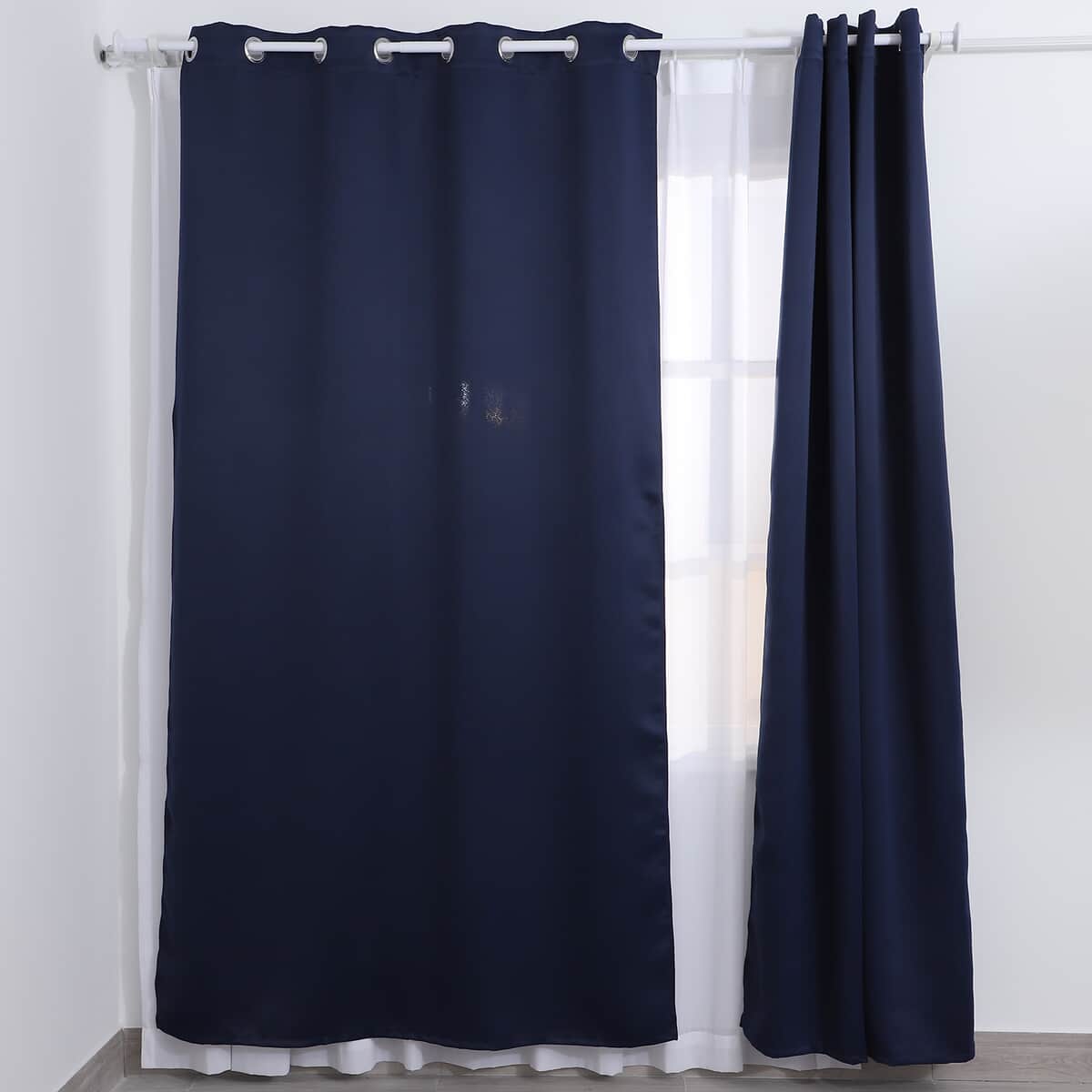 Set of 2 Navy Blue Solid Blackout Curtain with 8 Metal Rings image number 1