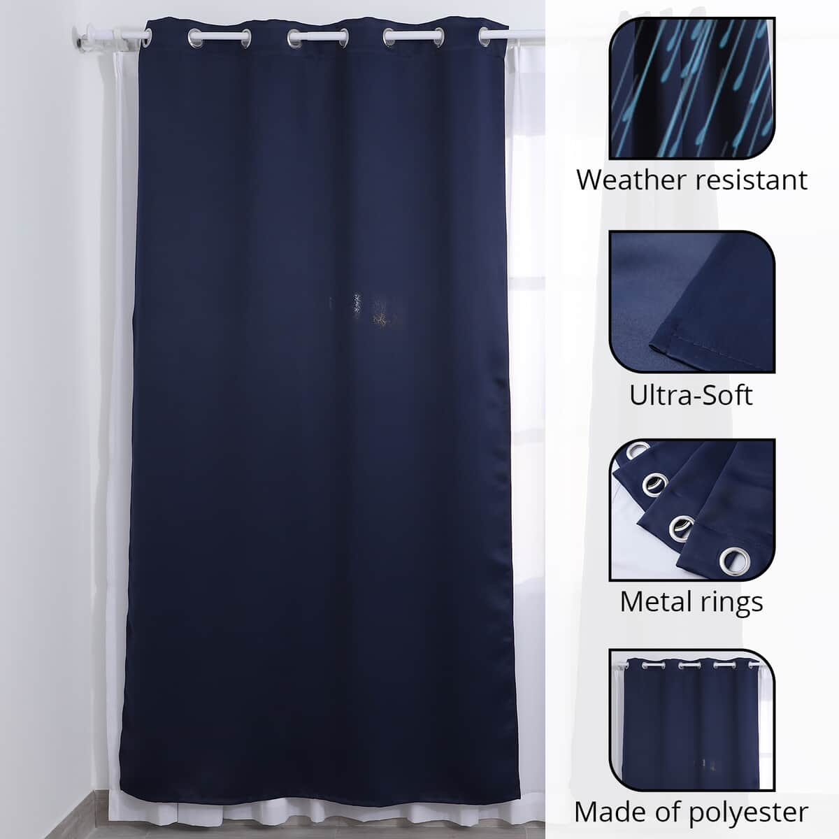 Set of 2 Navy Blue Solid Blackout Curtain with 8 Metal Rings image number 2