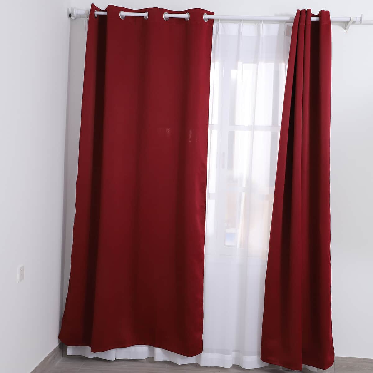 Set of 2 Burgundy Solid Blackout Curtain with 8 Metal Rings image number 1