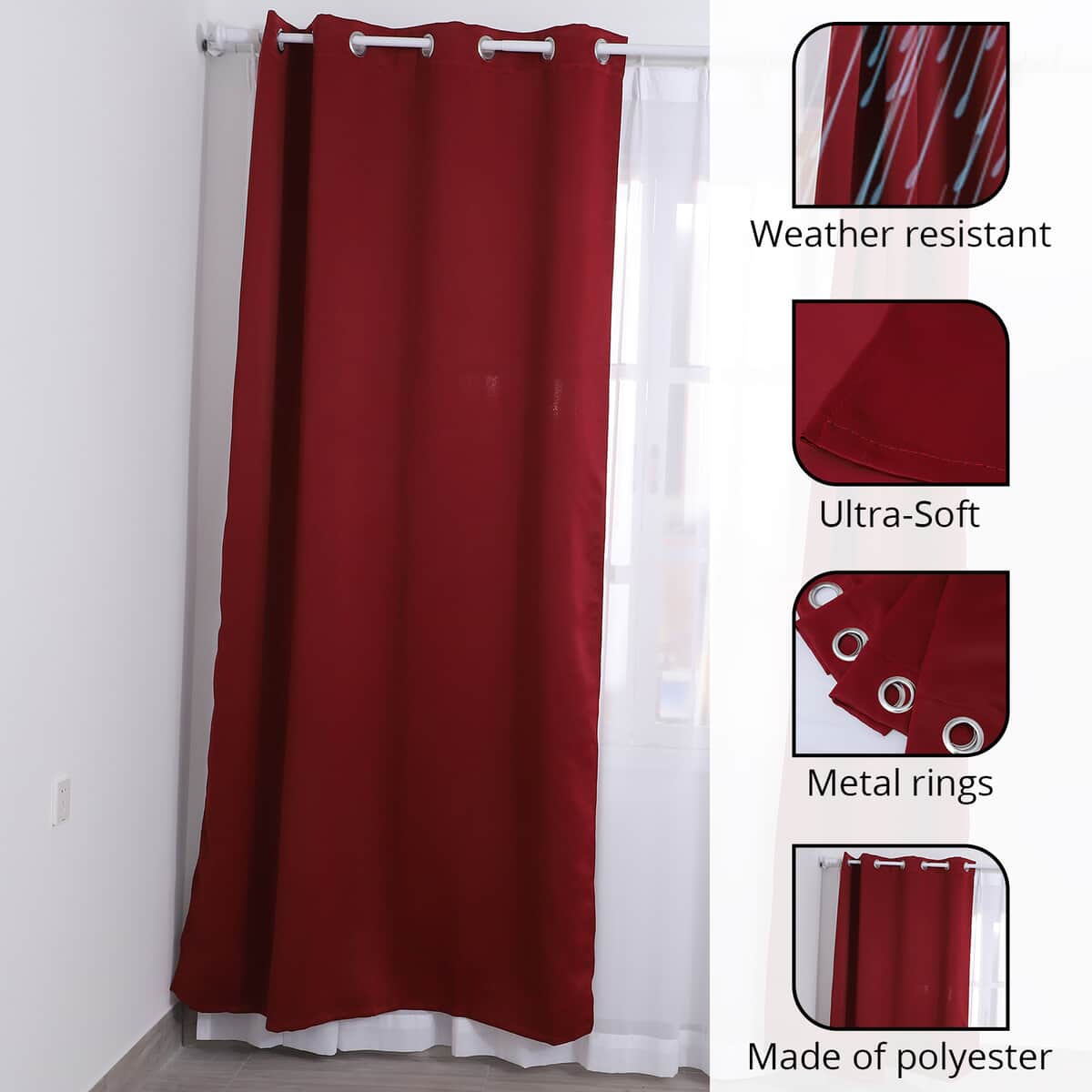 Set of 2 Burgundy Solid Blackout Curtain with 8 Metal Rings image number 2