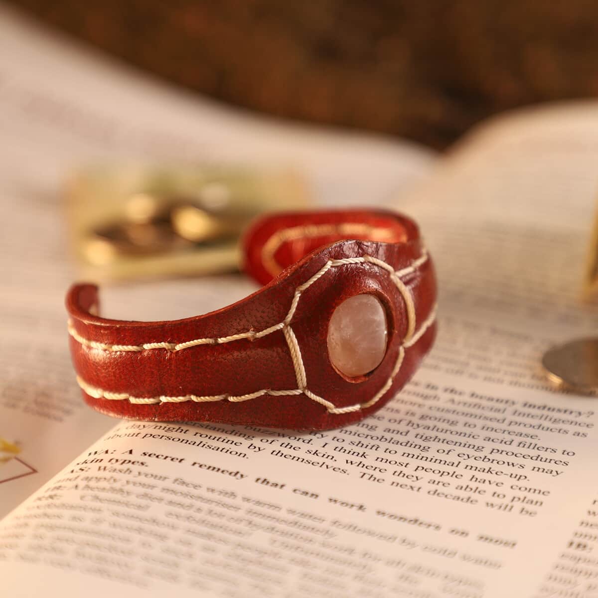 100% Genuine Leather Cuff Bracelet with Galilea Rose Quartz (7.20 in) image number 1