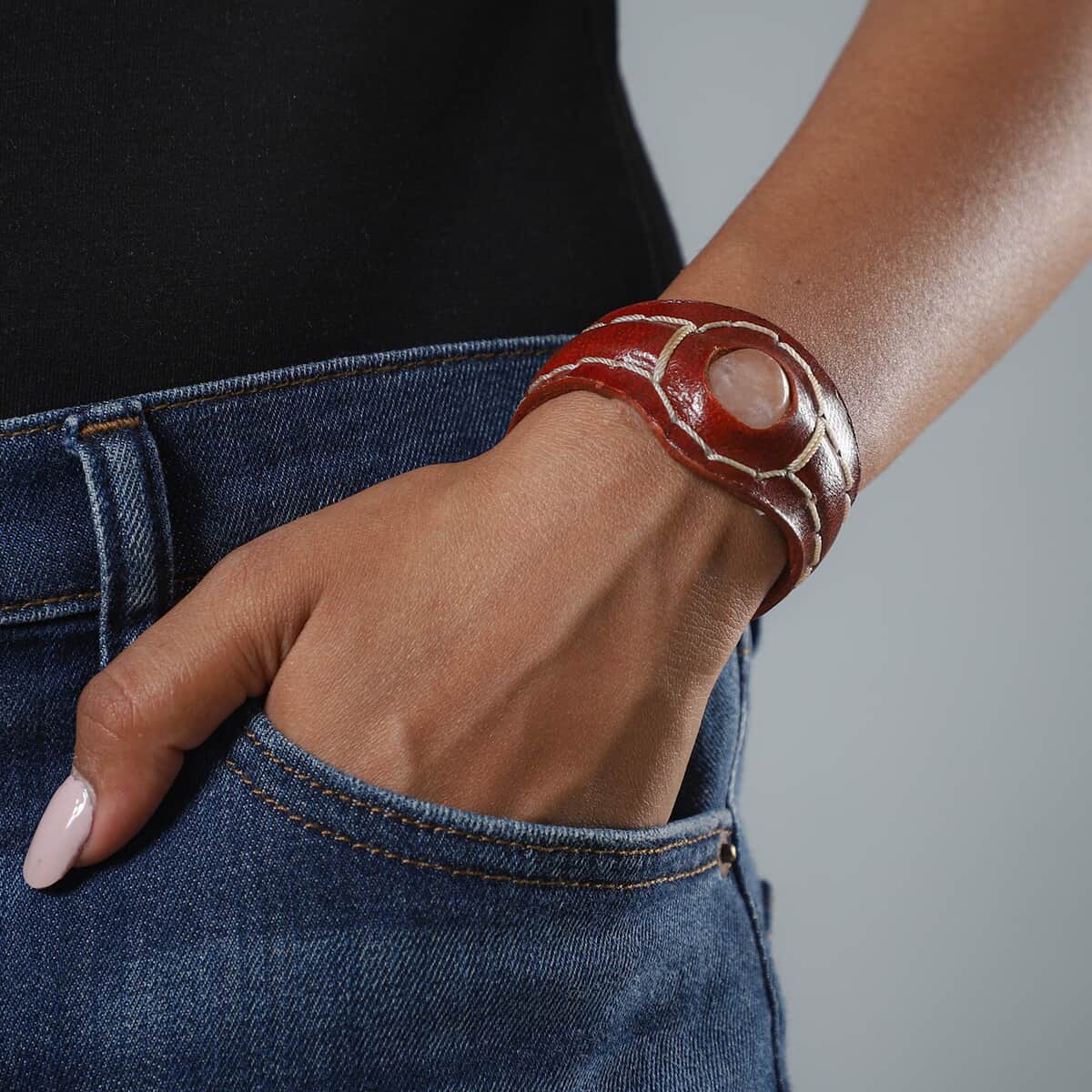 100% Genuine Leather Cuff Bracelet with Galilea Rose Quartz (7.20 in) image number 2
