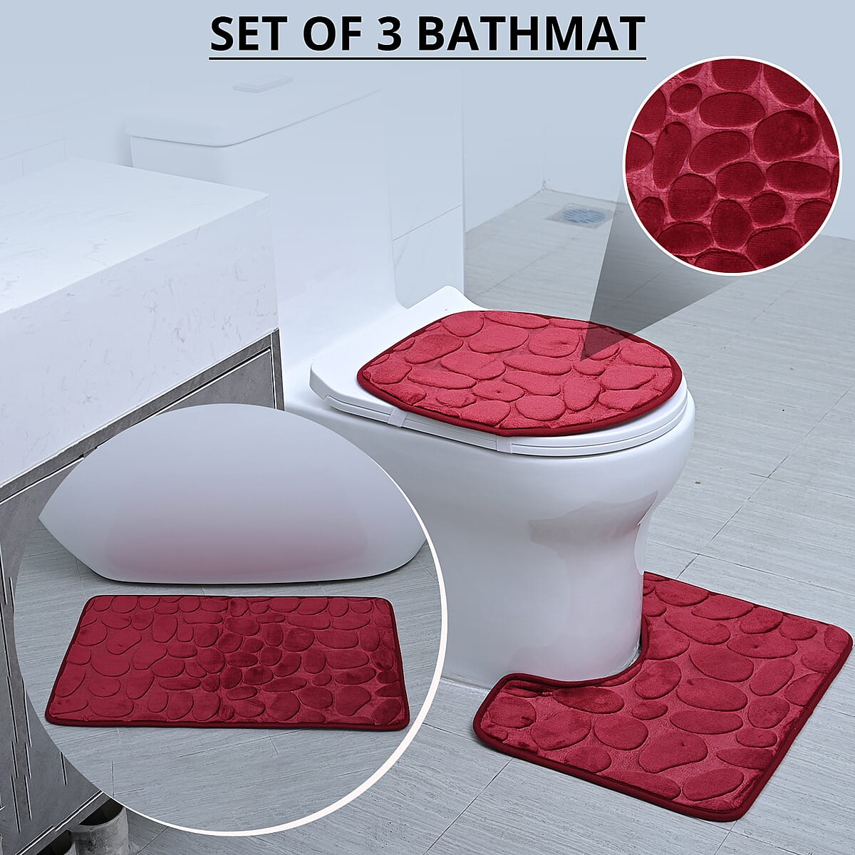 Set of 3 Piece - Burgundy Polyester Bath Mat, Toilet Mat and Toilet Cover image number 1