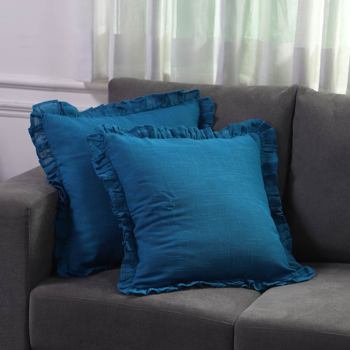 Set of 2 Cobalt Blue Cotton Linen Solid Cushion Cover with Ruffled Flange (20"x20") image number 0