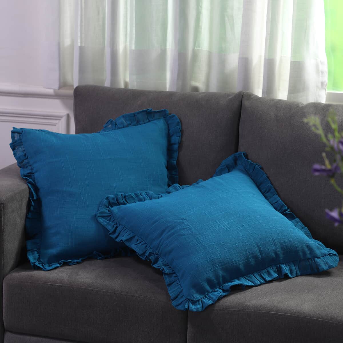 Set of 2 Cobalt Blue Cotton Linen Solid Cushion Cover with Ruffled Flange (20"x20") image number 1