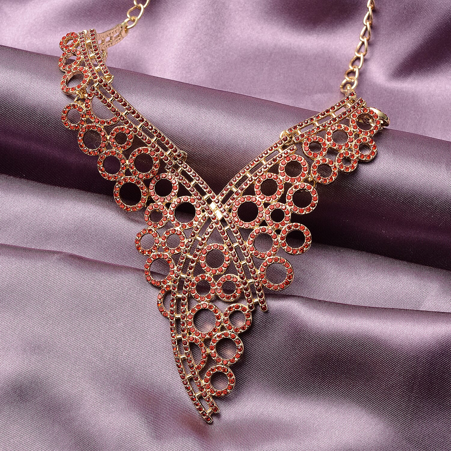 Red Austrian Crystal Bib Necklace 20 Inches in Goldtone