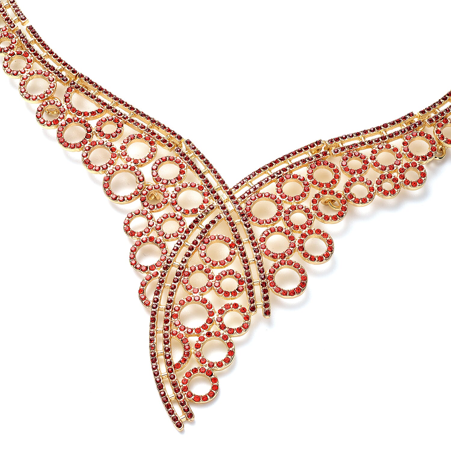 Red Austrian Crystal Bib Necklace 20 Inches in Goldtone