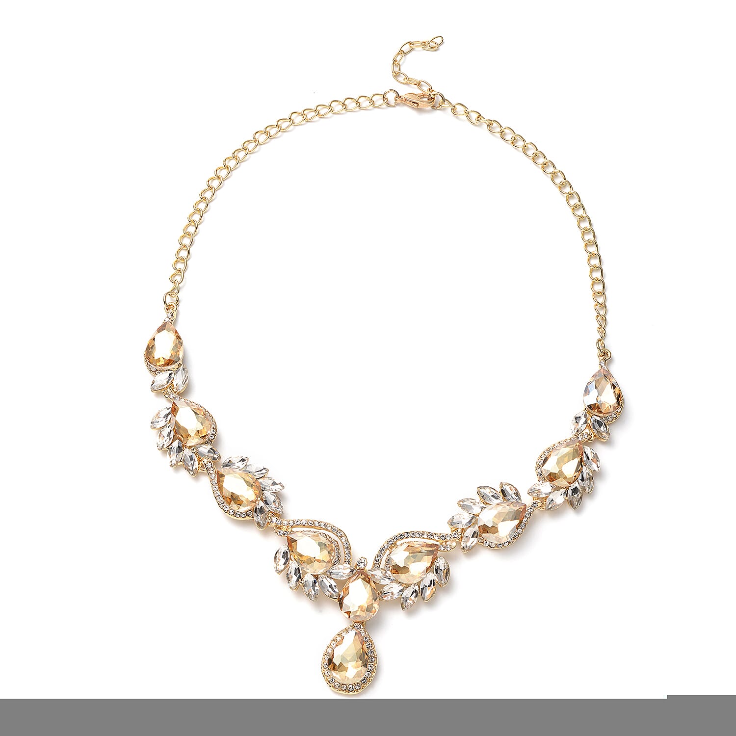 Simulated Champagne Diamond and White Austrian Crystal Necklace 20-22 Inches in Goldtone