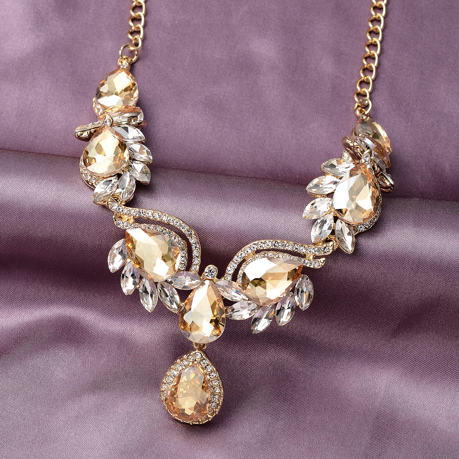 Simulated Champagne Diamond and White Austrian Crystal Necklace 20-22 Inches in Goldtone
