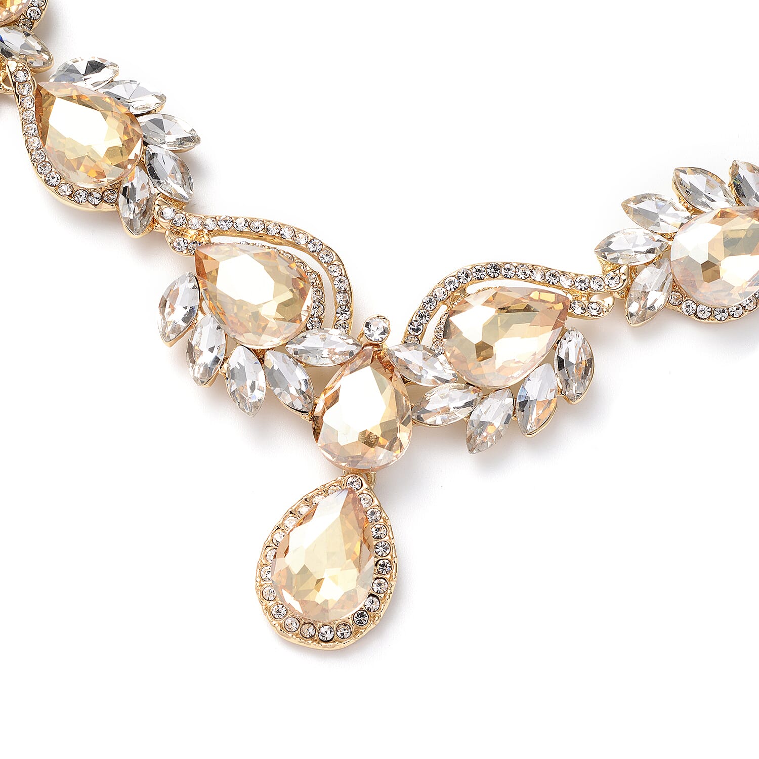 Simulated Champagne Diamond and White Austrian Crystal Necklace 20-22 Inches in Goldtone