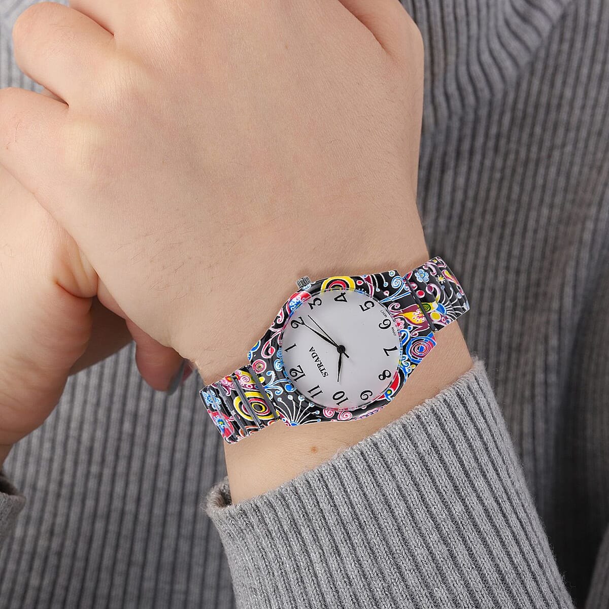 STRADA Japanese Movement Water Resistant Funky Print Pattern Stretch Bracelet Watch in Stainless Steel Strap (48mm) image number 2