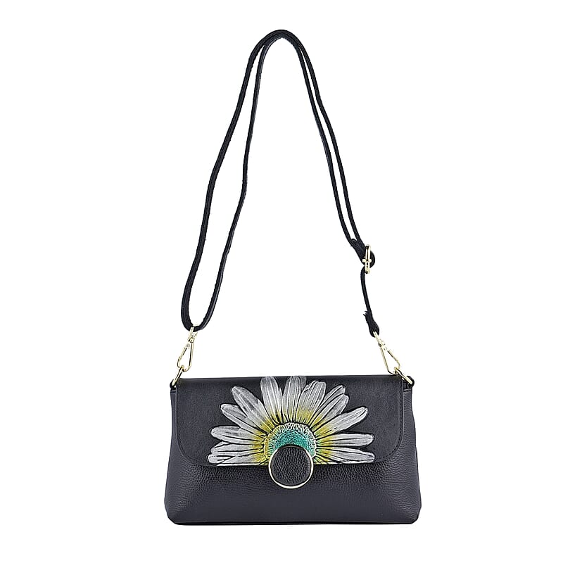 Hong Kong Closeout Collection Black Color Sunflower Embossed Pattern Genuine Leather Crossbody Bag with Shoulder Strap